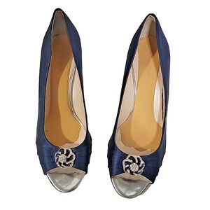 Erijunor Navy Blue Satin Peep-Toe Heels With Rhinestones Size 11B0